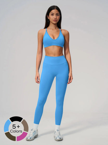 Seamless Knitted Sport Set, Cross Back Waist Trainer High-Waist Fitness Running Yoga for Women