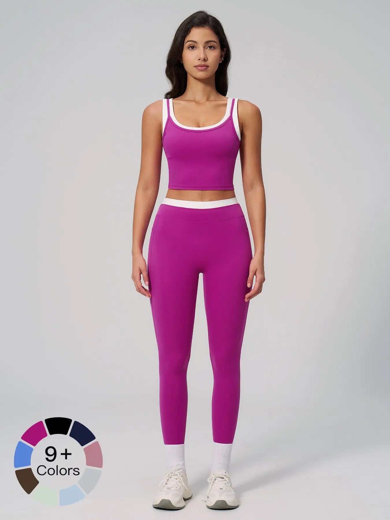 Women's Two-Piece Colorblock Yoga Set, High-Waisted Ribbed Casual Fitness Sportswear - image 9