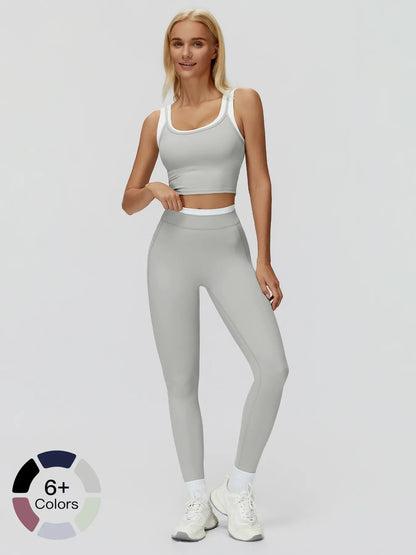 Women's 2-Piece Colorblock Yoga Set, High-Waisted Ribbed Casual Fitness Sportswear