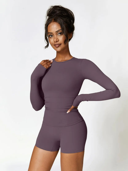 Women's Solid Round Neck Sports Tee & High Waist Shorts Set