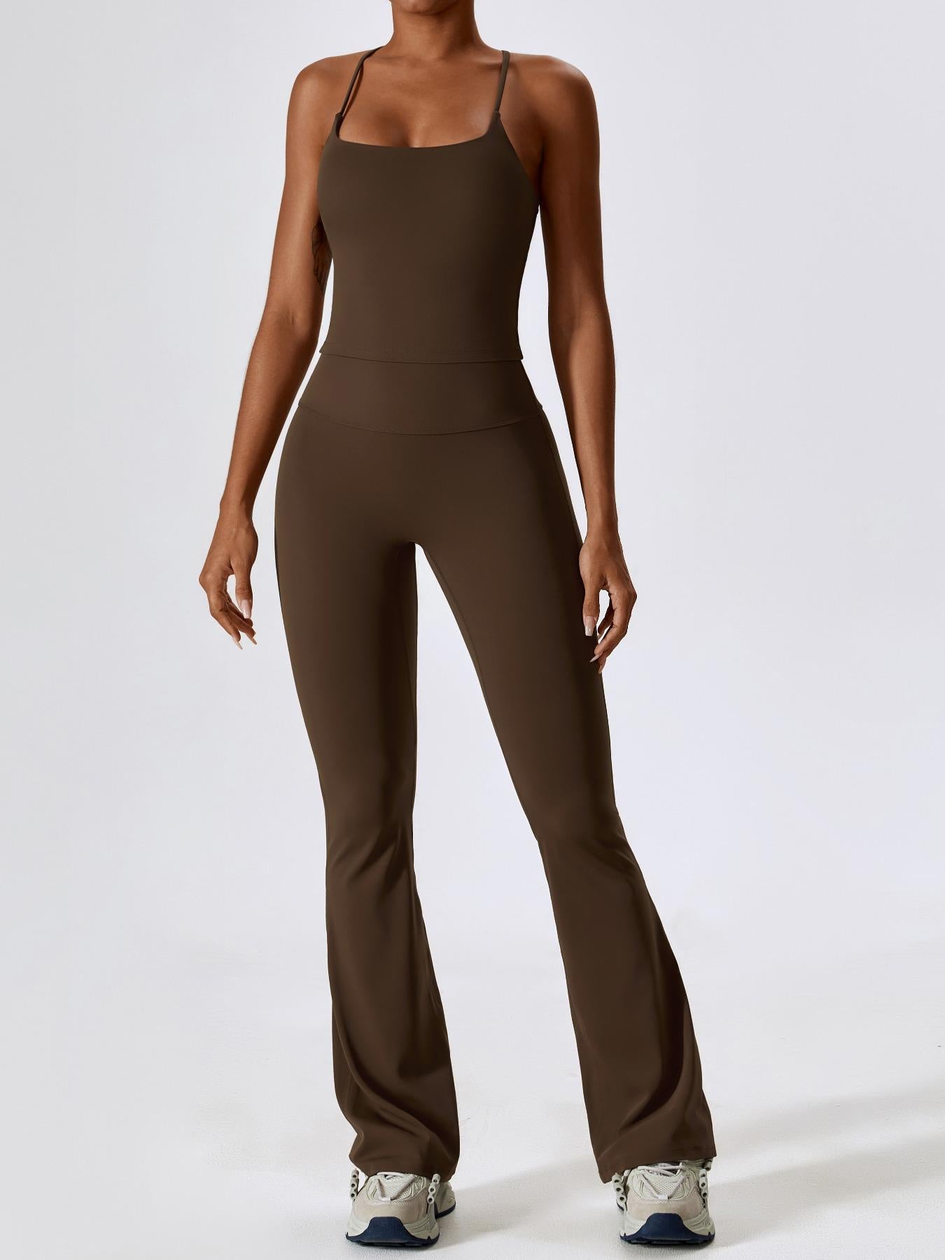 Two-Piece Set Women's Solid Criss Cross Backless Cami Top & Flare Leg Pants, Fitness Activewear - image 11