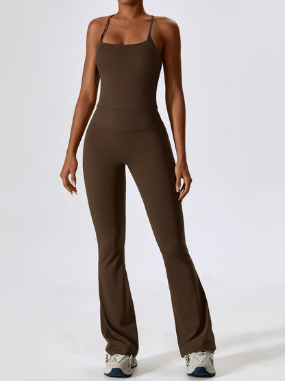 Two-Piece Set Women's Solid Criss Cross Backless Cami Top & Flare Leg Pants, Fitness Activewear - image 11