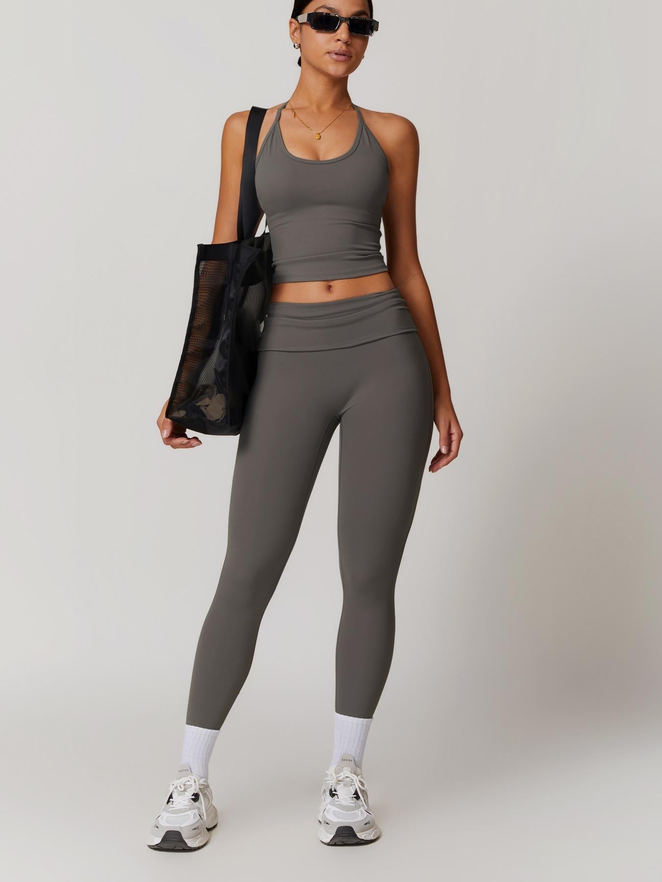 Two-Piece Set Women's Solid Backless Halter Crop Top & Fold Over Waist Leggings Tracksuit Set, Casual… - image 11