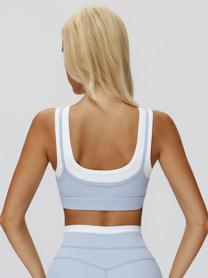 Cross-Border Nude Feel Fake Two-Piece Sports Bra, Ribbed Colorblock Yoga Bra - image 11