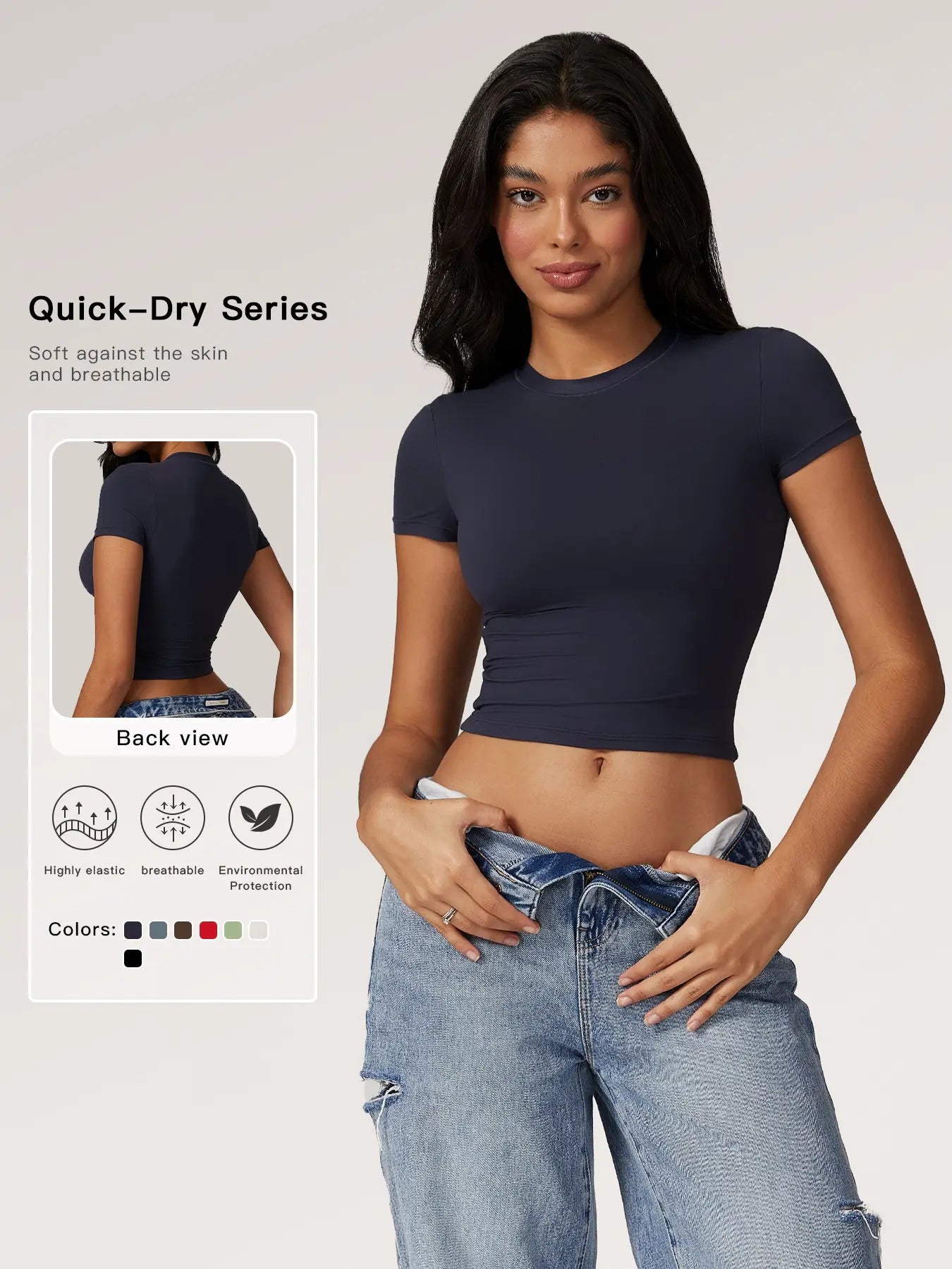 Women's Plain Round Neck Crop Sports Tee, Sporty Casual Tight-fitting Short Sleeve T-shirt for Yoga… - image 2