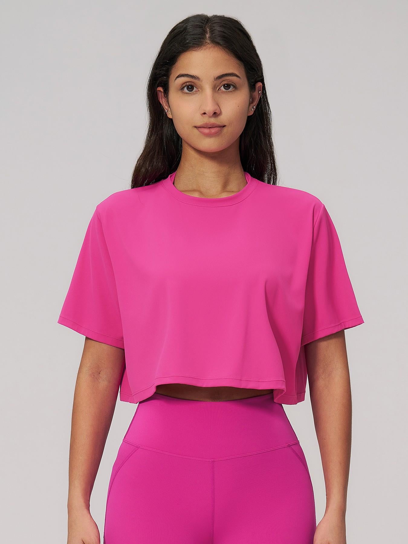 Women's Sporty Short Sleeve Yoga Top, Loose Fit Round Neck Crop Tee - image 14