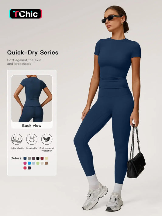 Women's Solid Color Top & High Waist Leggings Sports Set, Casual Comfy Breathable Two-piece Sports…