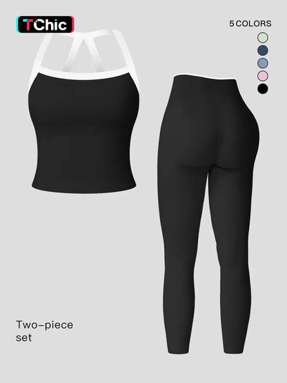 Women's Yoga Set, Colorblock Crisscross Backless Crop Top & High Waist Leggings