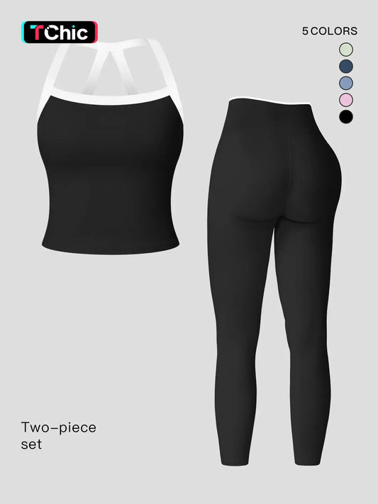 Women's Yoga Set, Colorblock Crisscross Backless Crop Top & High Waist Leggings