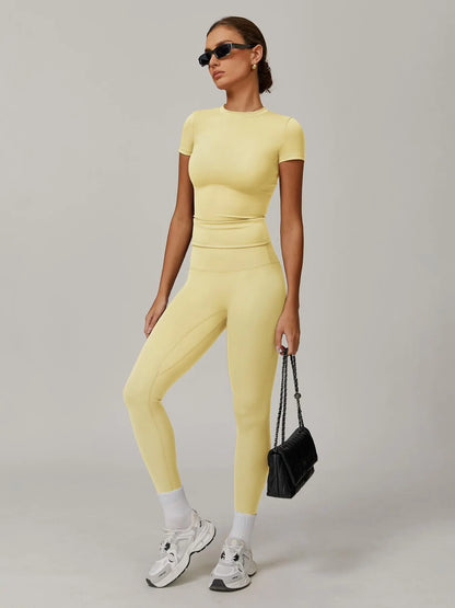 Women's Solid Color Top & High Waist Leggings Sports Set, Casual Comfy Breathable Two-piece Sports…