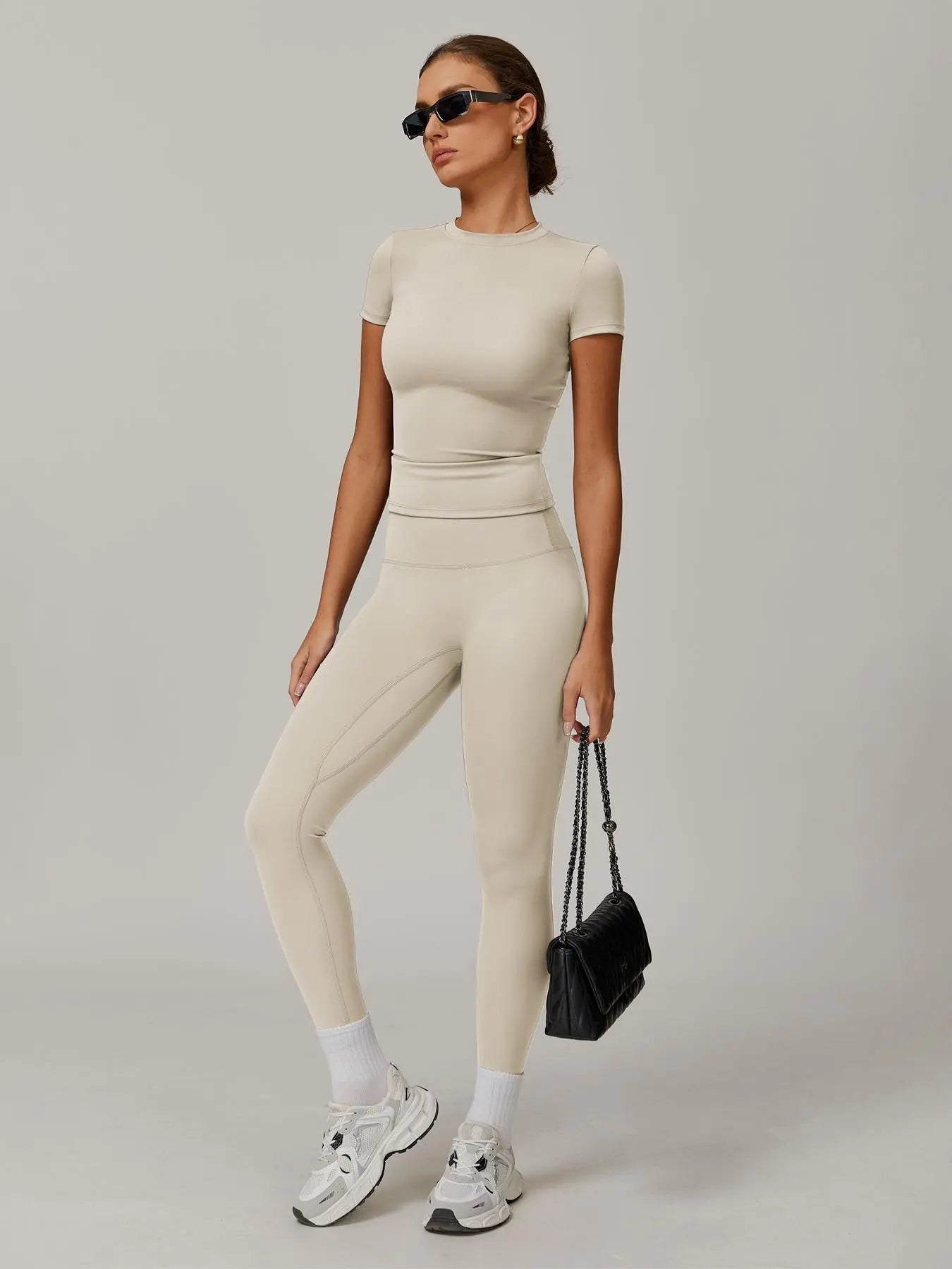 Women's Solid Color Top & High Waist Leggings Sports Set, Casual Comfy Breathable Two-piece Sports…
