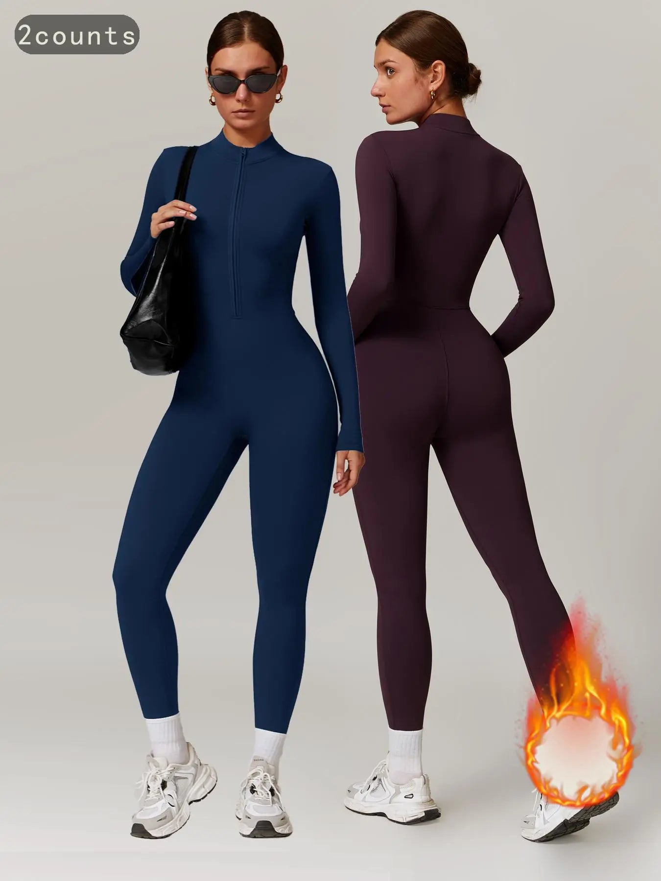 Women's Solid Zip-up Skiing Jumpsuit - Sporty Activewear