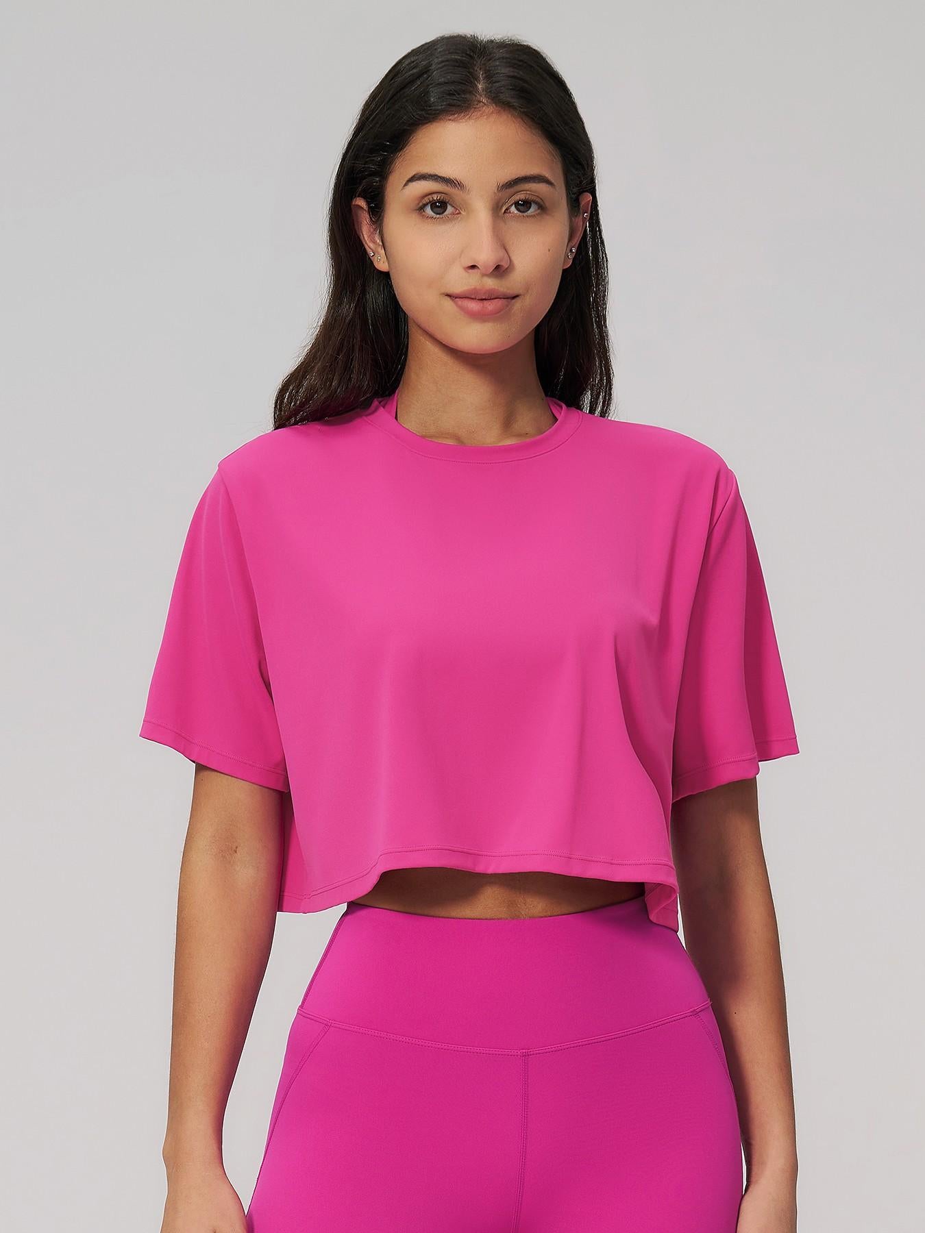 Women's Sporty Short Sleeve Yoga Top, Loose Fit Round Neck Crop Tee - image 15