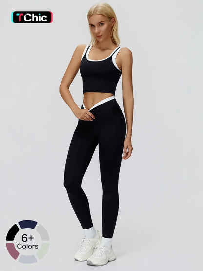 Women's 2-Piece Colorblock Yoga Set, High-Waisted Ribbed Casual Fitness Sportswear