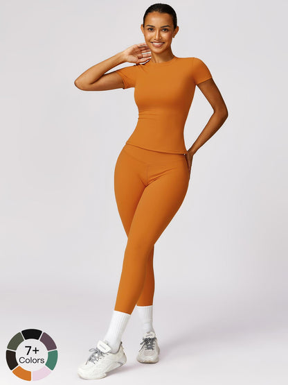 Women's Plain Round Neck Crop Tee & High Waist Leggings Tracksuit Set, Activewear Set - image 21