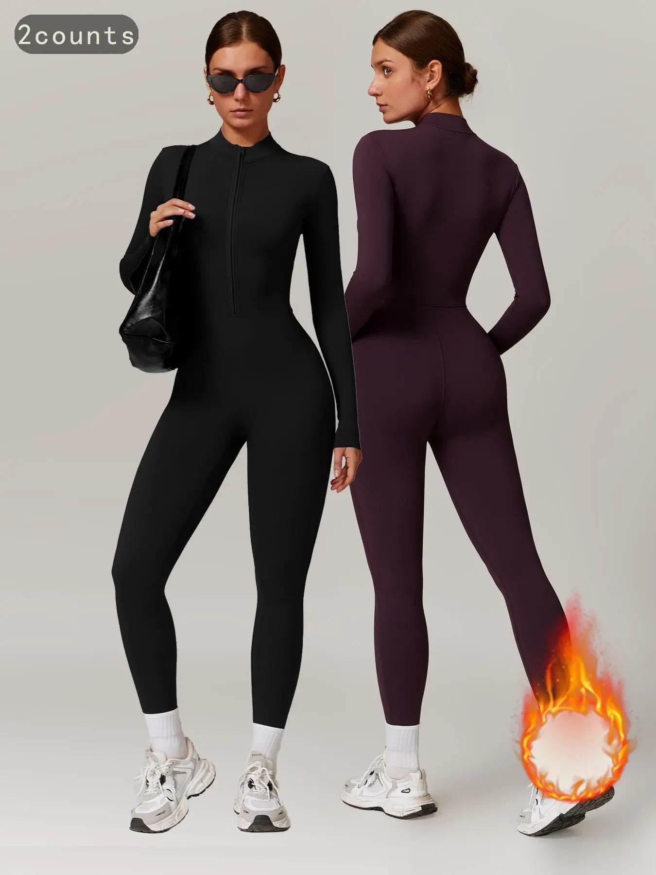 Women's Solid Zip-up Skiing Jumpsuit - Sporty Activewear