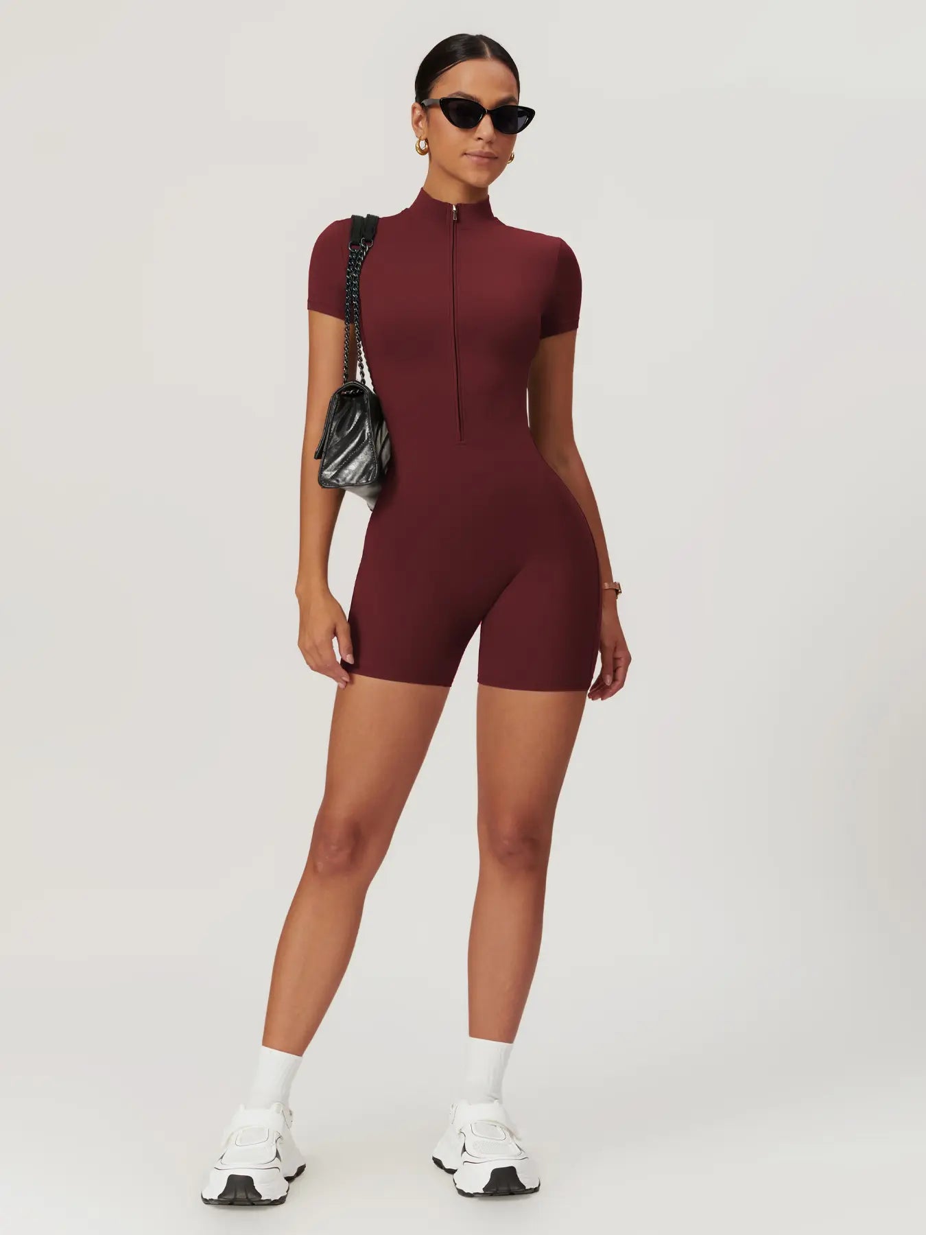 Sporty Women's Solid Color Zip Up Half Placket Mock Neck Sports Skinny Romper, Casual Quick Drying…