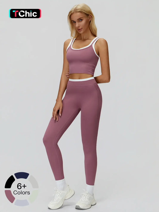 Women's Two-Piece Colorblock Yoga Set, High-Waisted Ribbed Casual Fitness Sportswear