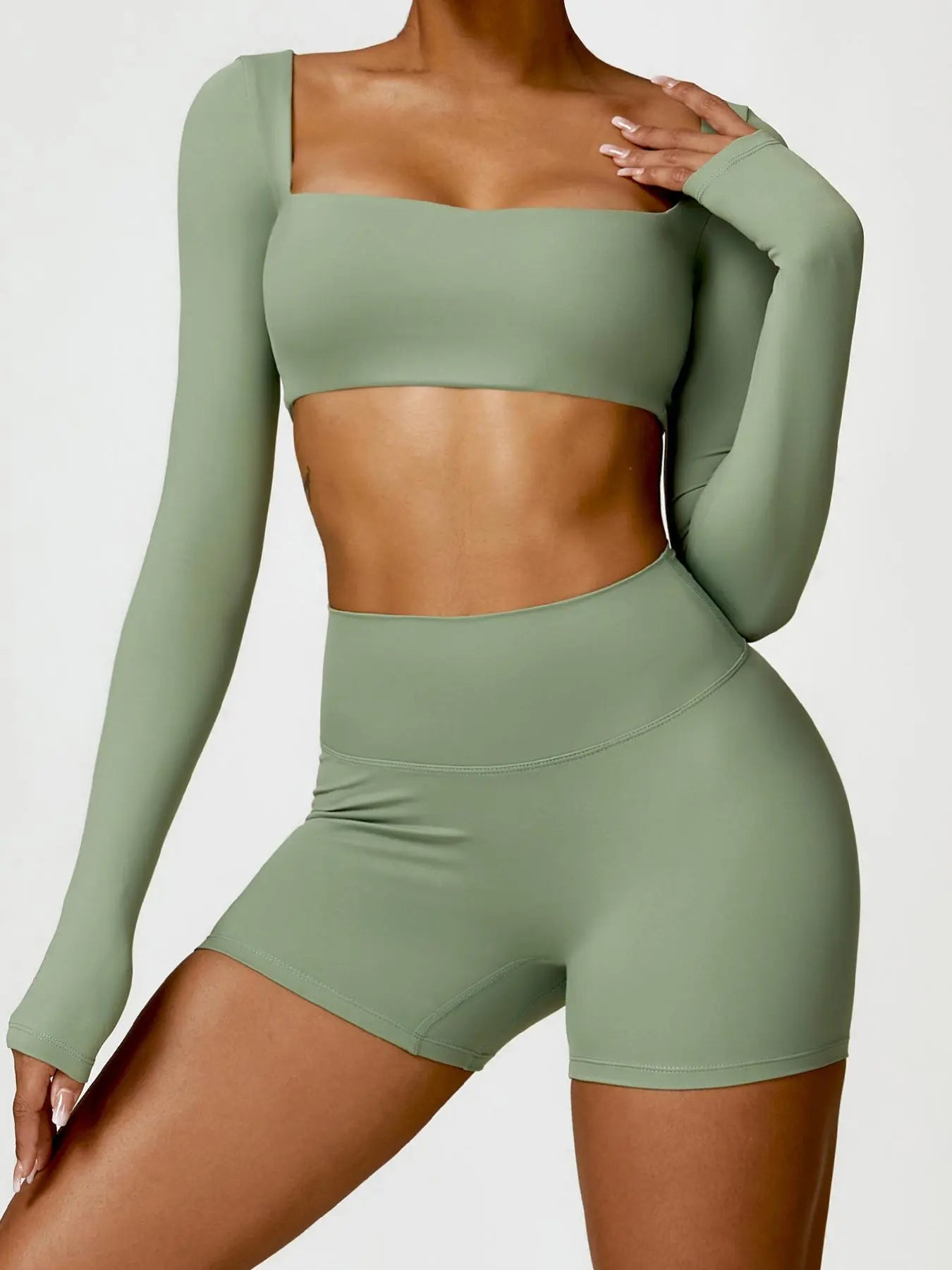Women's Solid Long Sleeve Crop Tee & High Waist Shorts Tracksuit Set, Sporty Square Neck Top & Short…