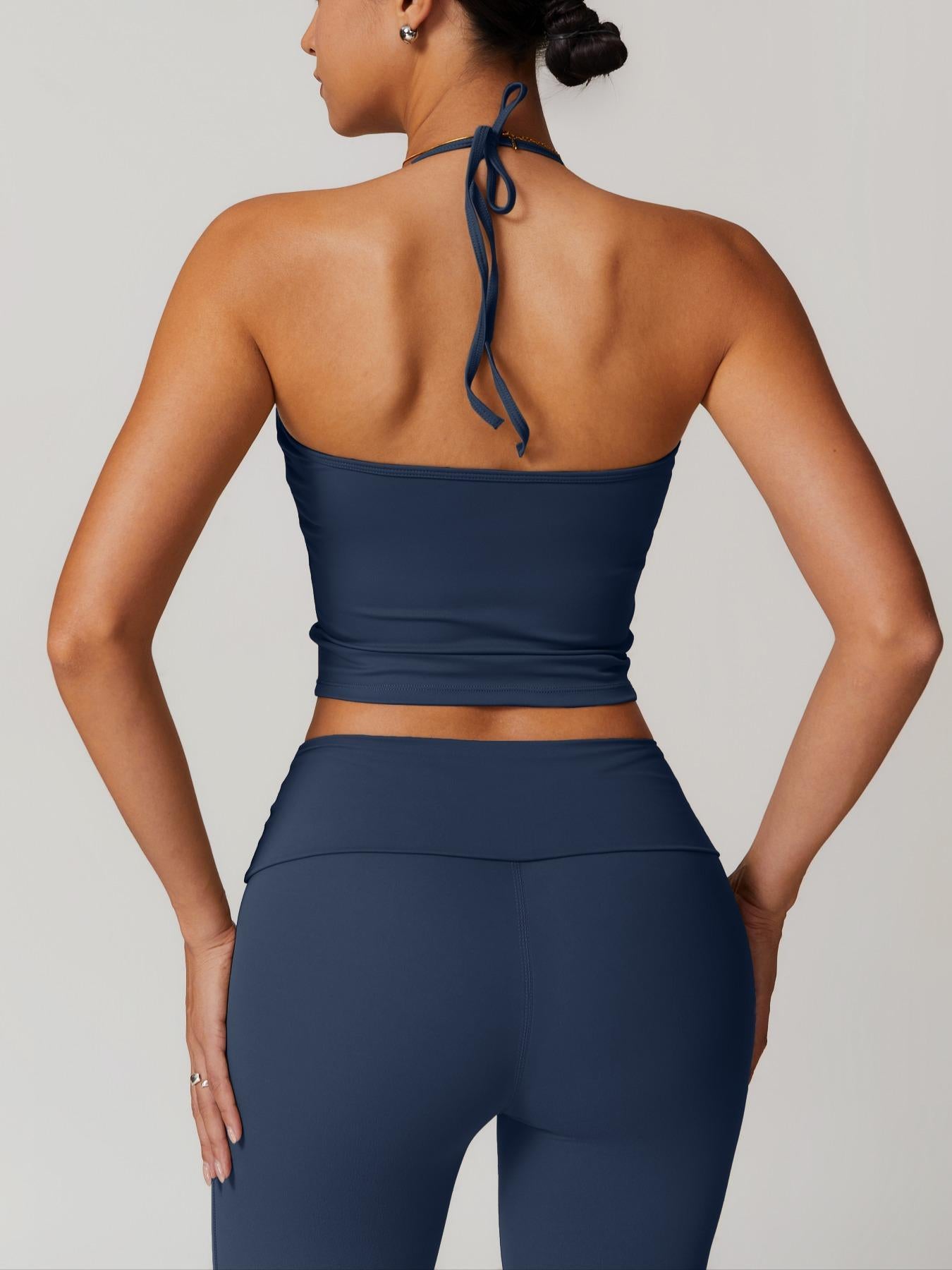 Two-Piece Set Women's Solid Backless Halter Crop Top & Fold Over Waist Leggings Tracksuit Set, Casual… - image 18