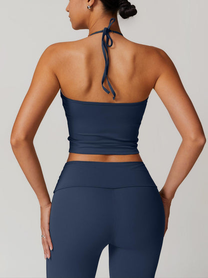 Two-Piece Set Women's Solid Backless Halter Crop Top & Fold Over Waist Leggings Tracksuit Set, Casual… - image 18