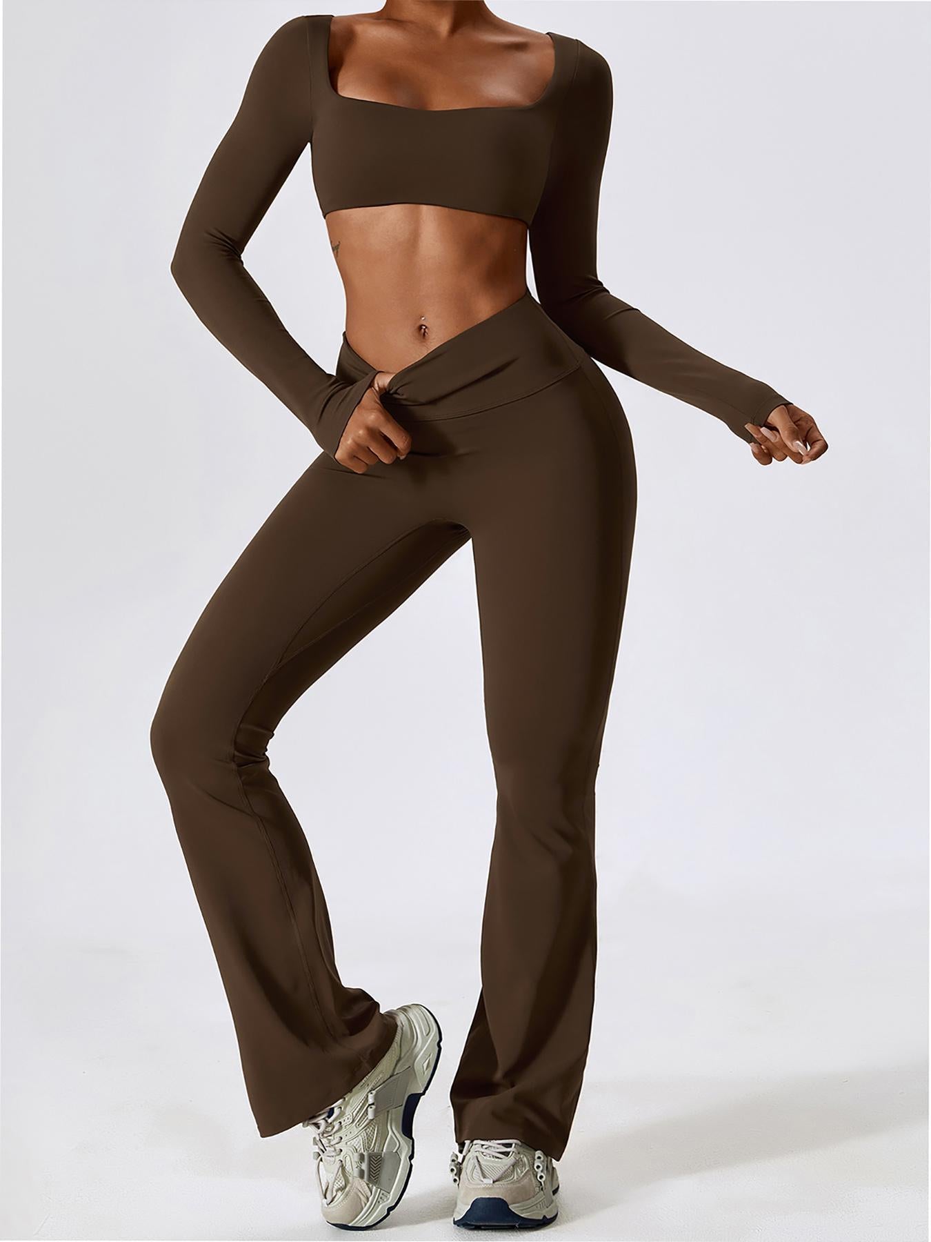 Women's Solid Square Neck Crop Top & High Waist Flare Leg Pants Tracksuit Set, Sporty Comfy… - image 20
