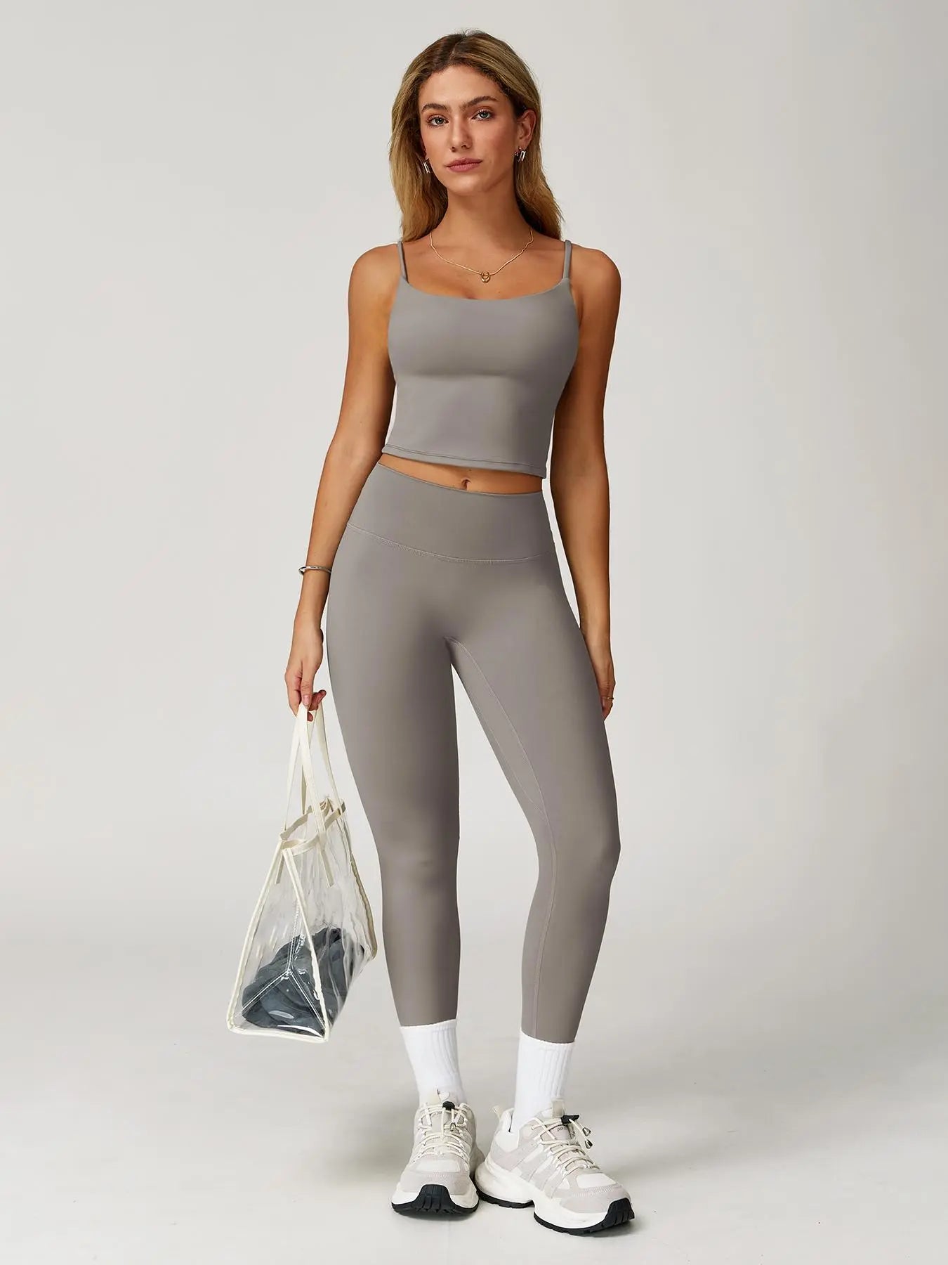 Women's Solid Crop Cami Top & High Waist Leggings Tracksuit Set, Breathable Comfortable Sports Set…