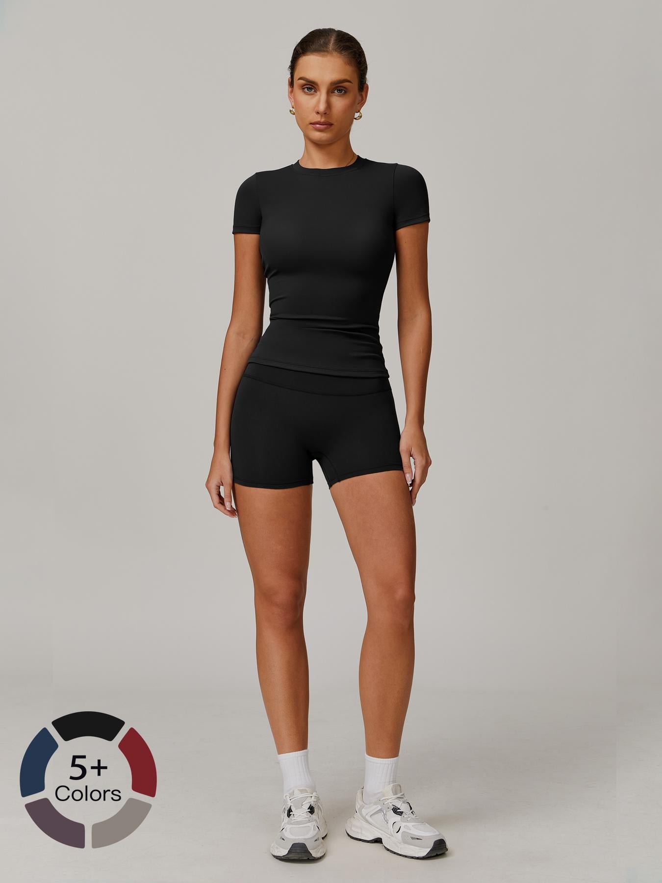 Women's Solid Ribbed Crop Tee & High Waist Shorts Set, Quick Drying for Yoga Gym Workout Running - image 15