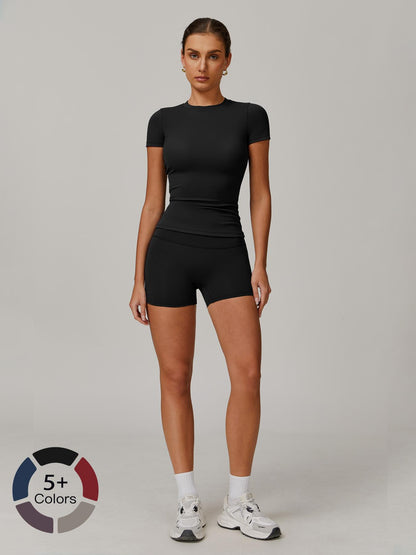 Women's Solid Ribbed Crop Tee & High Waist Shorts Set, Quick Drying for Yoga Gym Workout Running - image 15