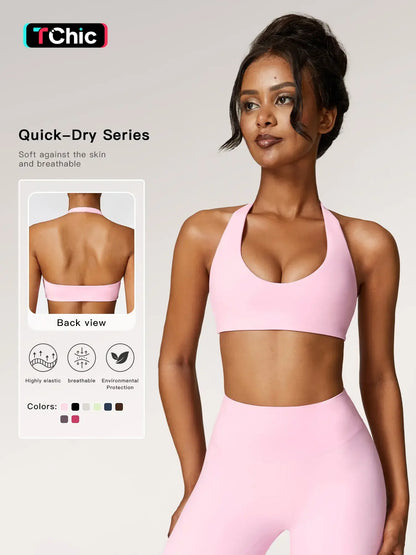 Women's Solid Wireless Halter Sports Bra, Breathable Comfortable High Stretch Sports Bra