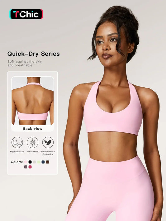 Women's Solid Wireless Halter Sports Bra, Breathable Comfortable High Stretch Sports Bra