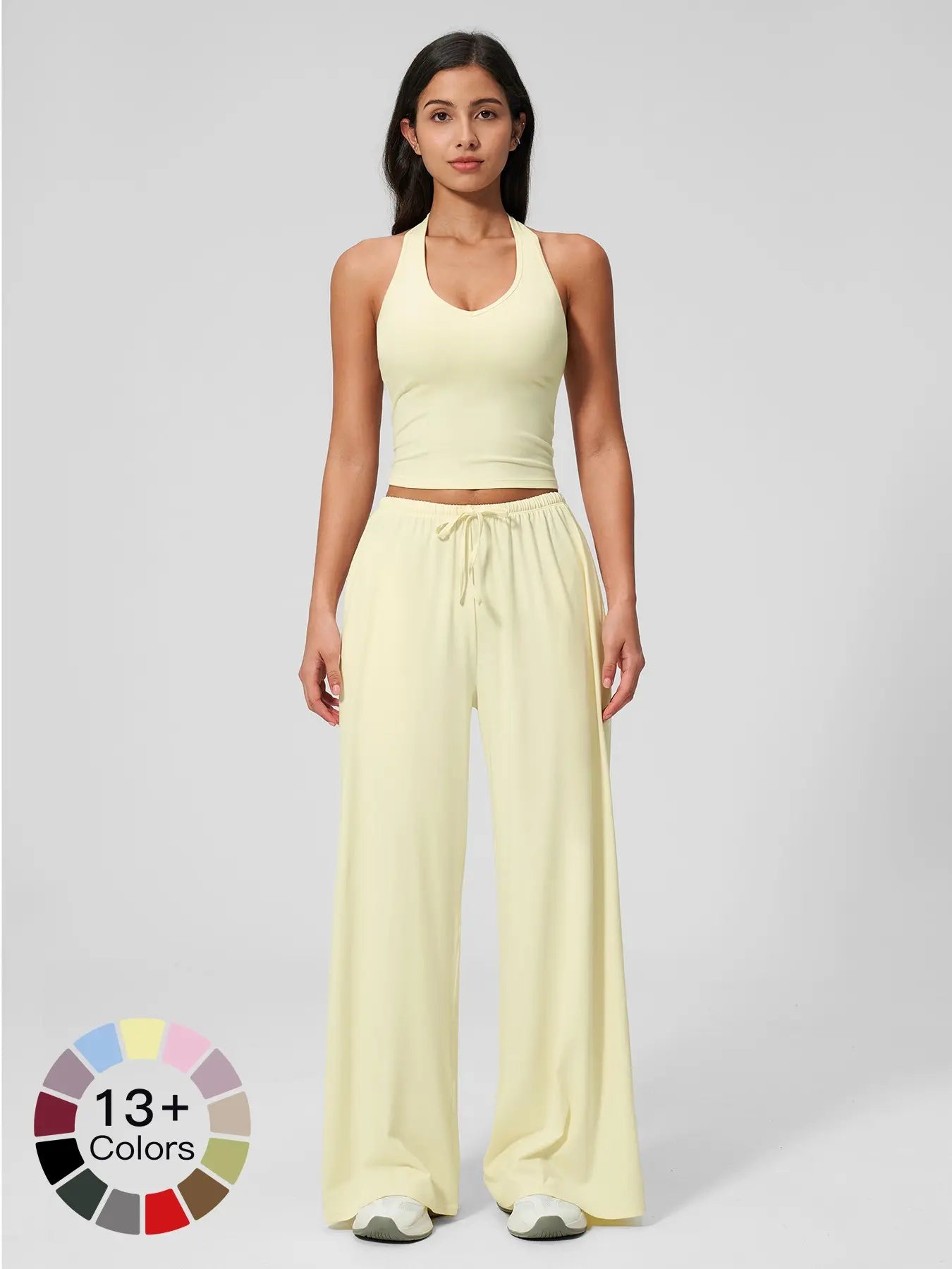 Women's Solid Halter Neck Top & Wide Leg Pants Sports Set, Casual Sleeveless Top & Pants for Daily…