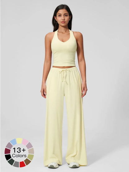 Women's Solid Halter Neck Top & Wide Leg Pants Sports Set, Casual Sleeveless Top & Pants for Daily…