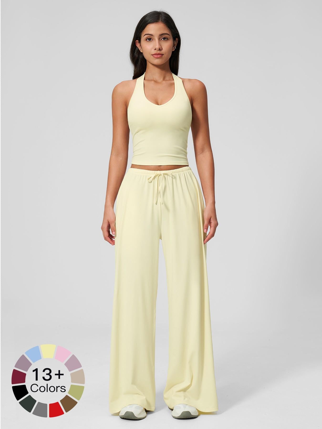 Women's Solid Halter Neck Top & Wide Leg Pants Sports Set, Casual Sleeveless Top & Pants for Daily… - image 29