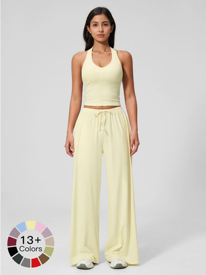 Women's Solid Halter Neck Top & Wide Leg Pants Sports Set, Casual Sleeveless Top & Pants for Daily… - image 29