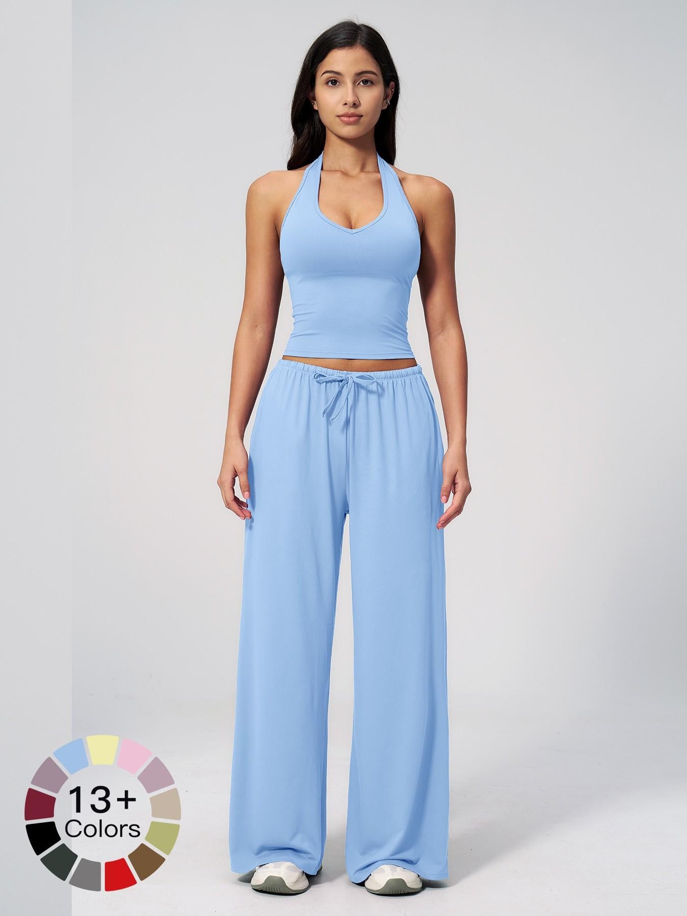 Women's Solid Halter Neck Top & Wide Leg Pants Sports Set, Casual Sleeveless Top & Pants for Daily… - image 13