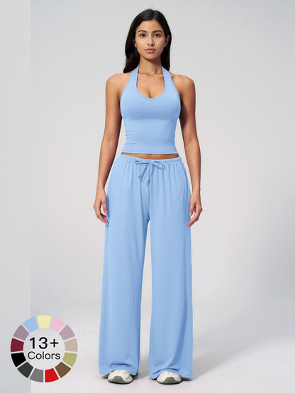 Women's Solid Halter Neck Top & Wide Leg Pants Sports Set, Casual Sleeveless Top & Pants for Daily… - image 13