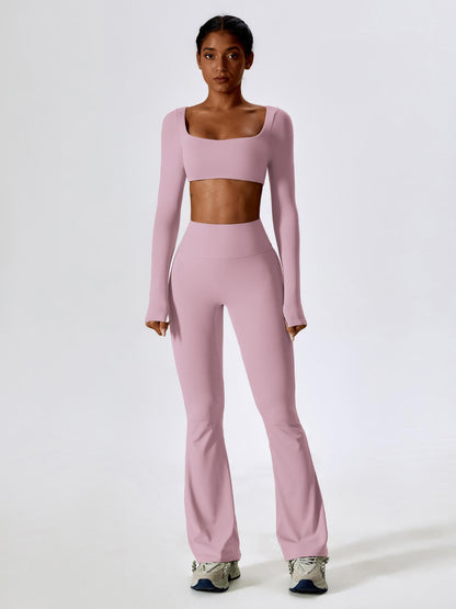Women's Solid Square Neck Crop Top & High Waist Flare Leg Pants Tracksuit Set, Sporty Comfy… - image 28