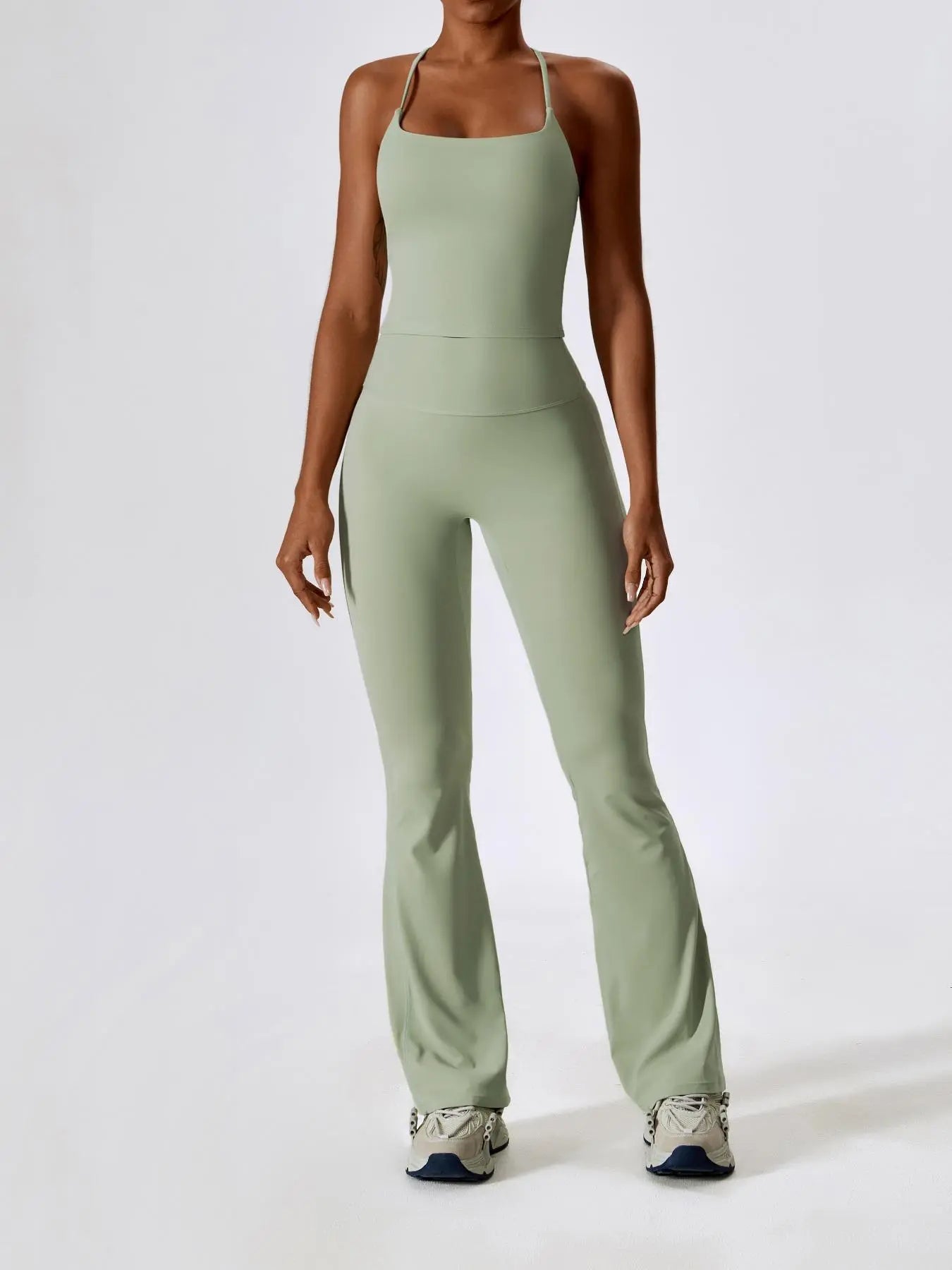Two-Piece Set Women's Solid Criss Cross Backless Cami Top & Flare Leg Pants, Fitness Activewear