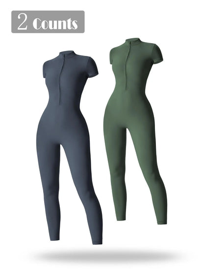 Women's Solid Short Sleeve Half Zip Sports Jumpsuit, Stretchy Jumpsuit