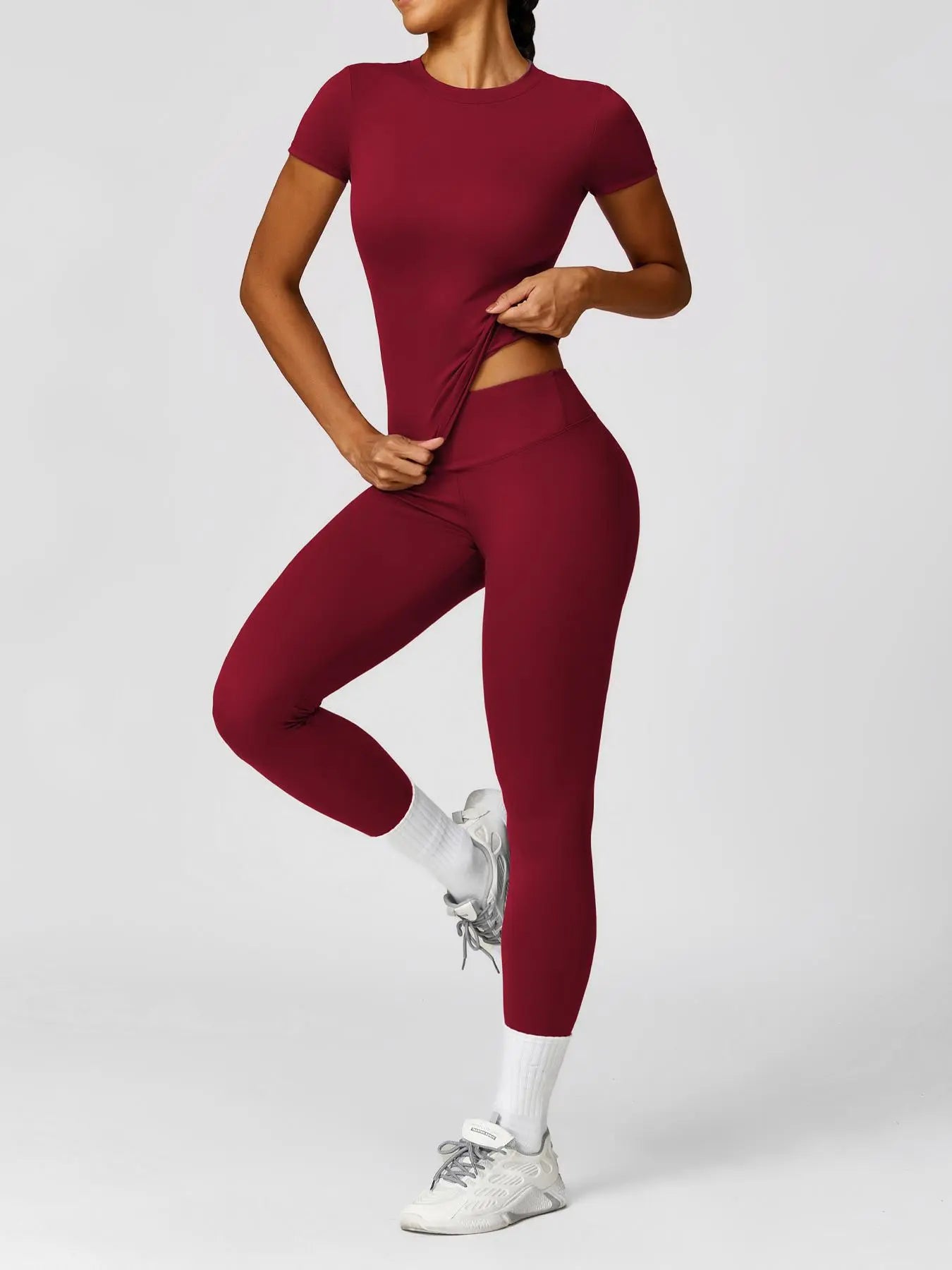 Women's Plain Round Neck Crop Tee & High Waist Leggings Tracksuit Set, Athleisure Workout Set