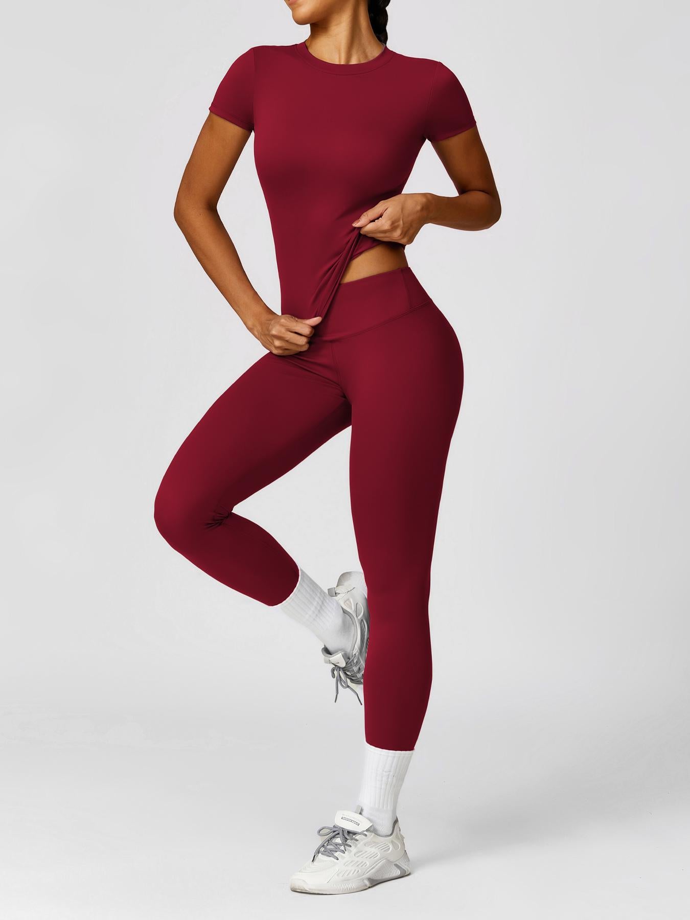 Women's Plain Round Neck Crop Tee & High Waist Leggings Tracksuit Set, Athleisure Workout Set - image 11