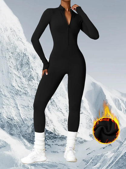 Women's Solid Zip-up Skiing Jumpsuit - Sporty Activewear
