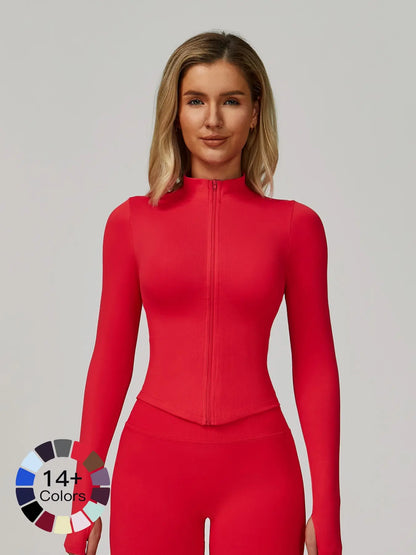 Women's Stand Collar Zipper Long Sleeve Yoga Jacket, Tight Fit Quick-Dry Yoga Wear