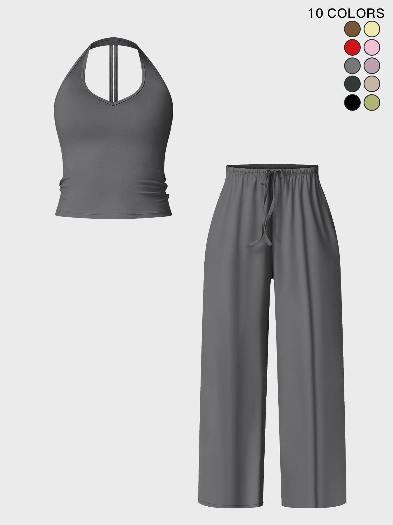 Women's Halter Neck Top & Wide Leg Pants Sports Set, Casual Sleeveless Top & Pants - image 28