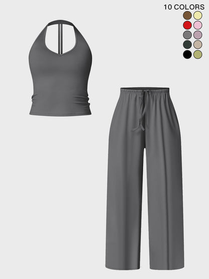 Women's Halter Neck Top & Wide Leg Pants Sports Set, Casual Sleeveless Top & Pants - image 28