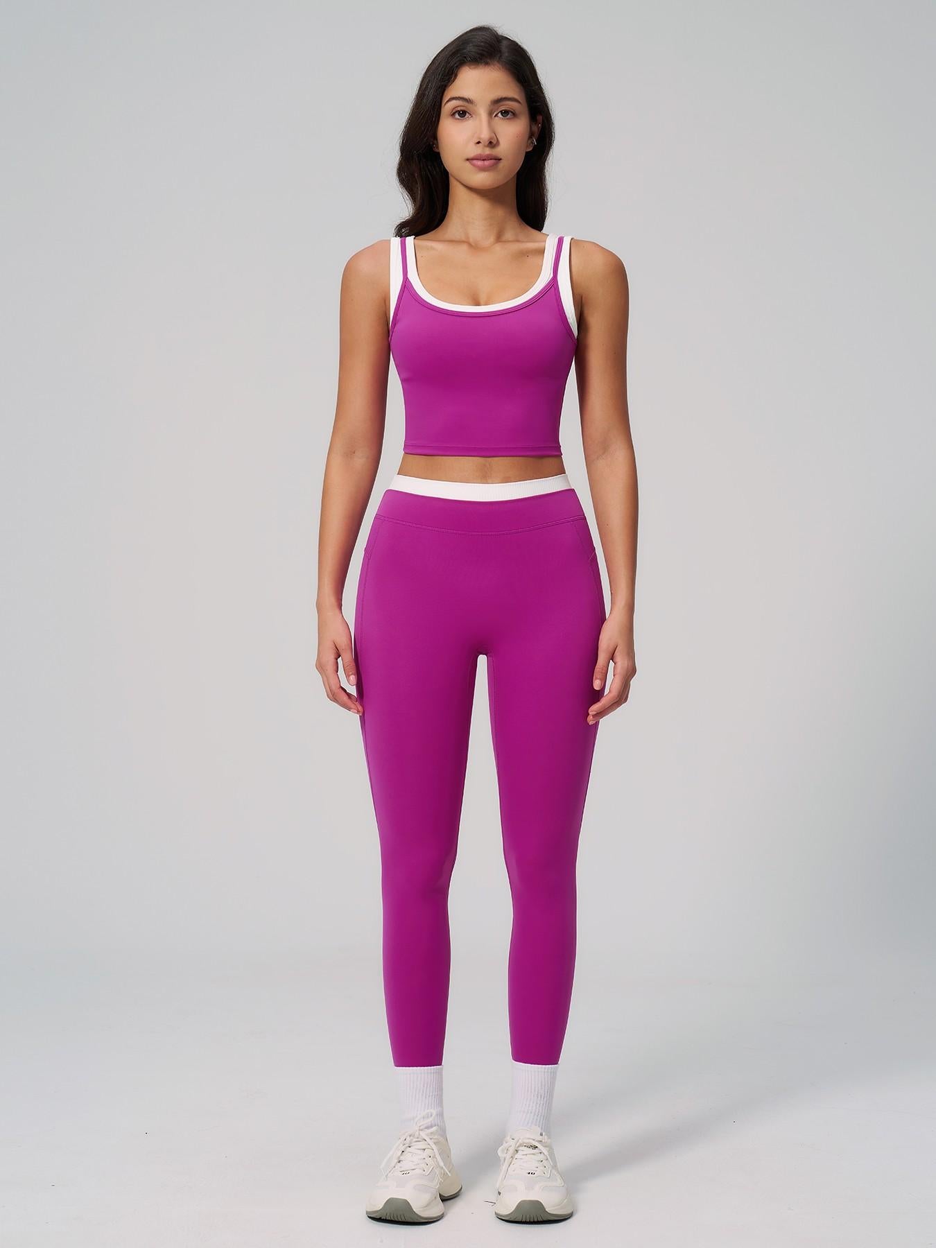 Women's Two-Piece Colorblock Yoga Set, High-Waisted Ribbed Casual Fitness Sportswear - image 14