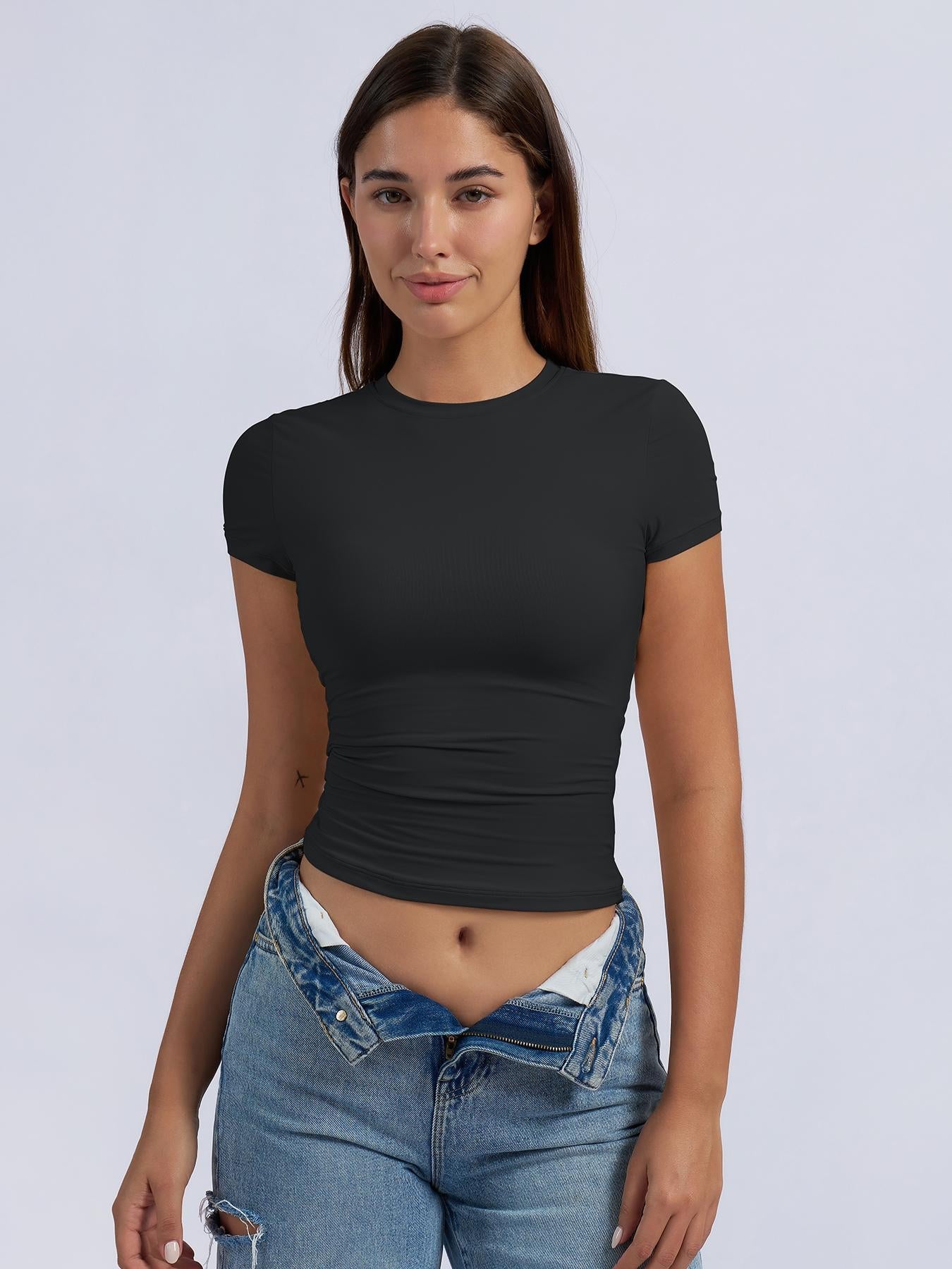 Women's Solid Color Sports Tee, Athletic Fitness Top - image 16