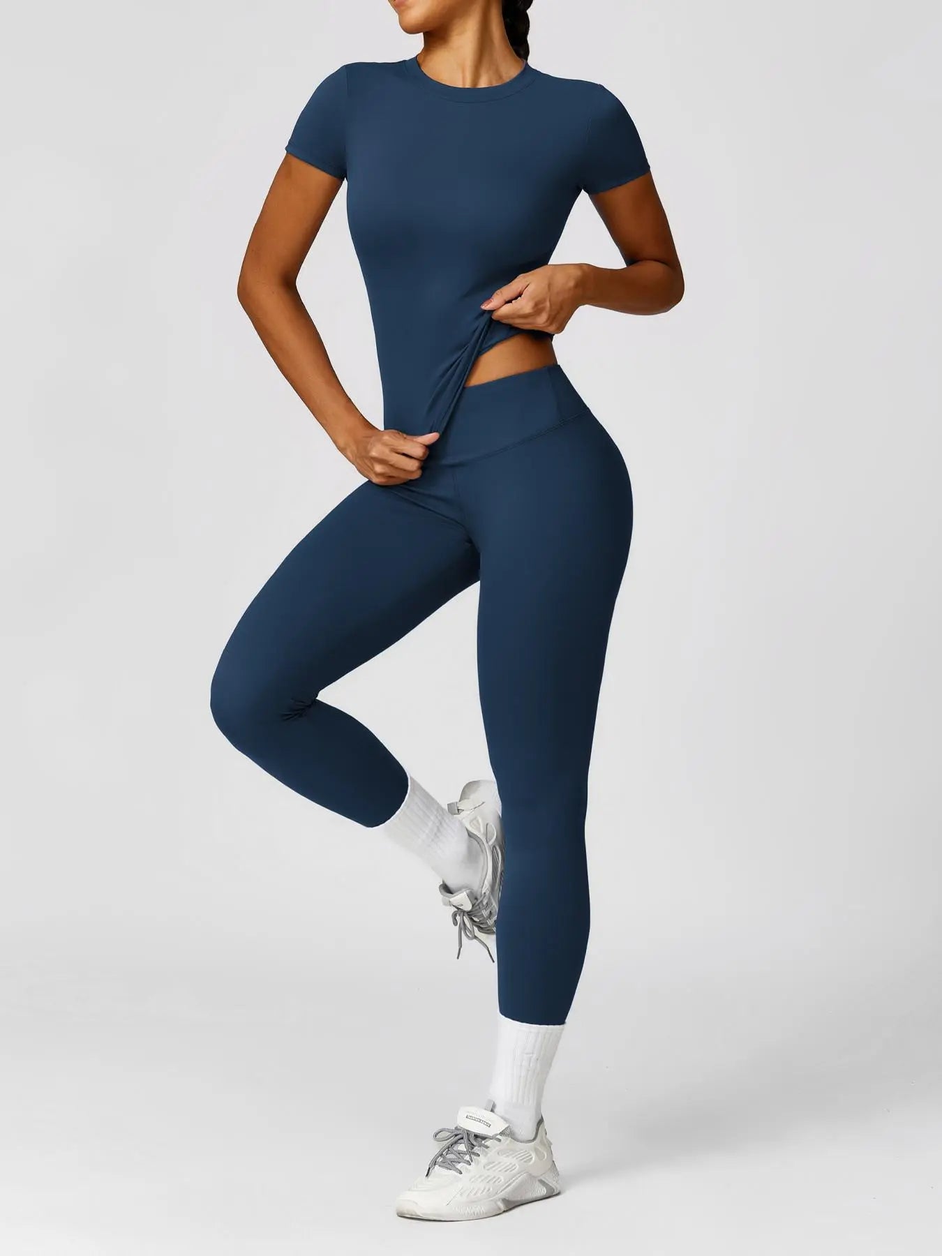 Women's Plain Round Neck Crop Tee & High Waist Leggings Tracksuit Set, Athleisure Workout Set