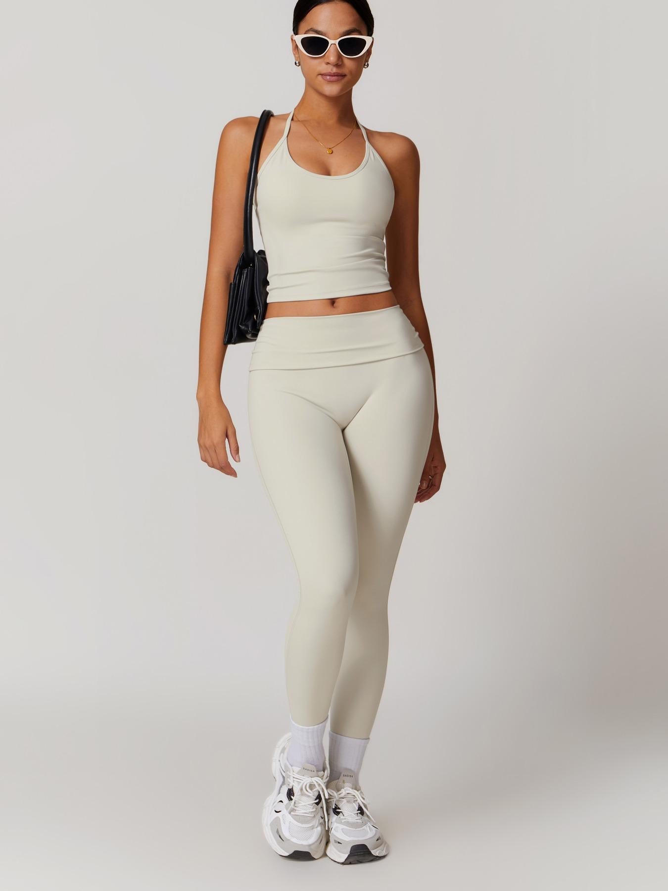 Two-Piece Set Women's Solid Backless Halter Crop Top & Fold Over Waist Leggings Tracksuit Set, Casual… - image 17